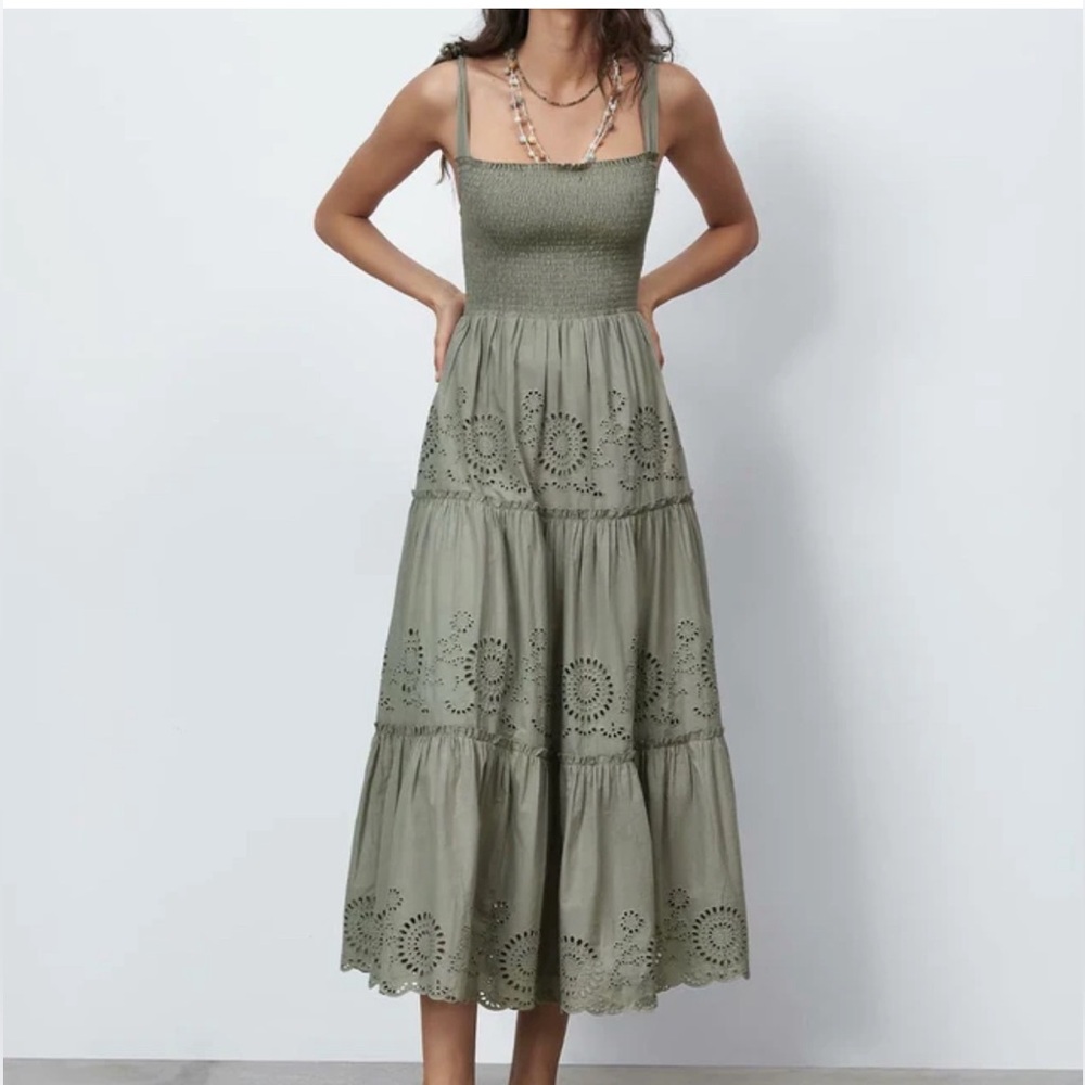 Zara - Sage midi dress S - eyelet smocked
